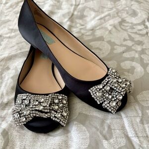 Betsey Johnson Black Satin Flats with Crystal Embellishments
